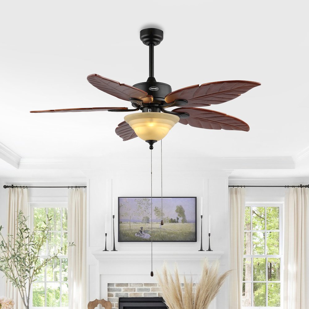Poinciana 3-Light Coastal Bohemian Iron/Wood Palm Leaf Led Ceiling Fan. Picture 1