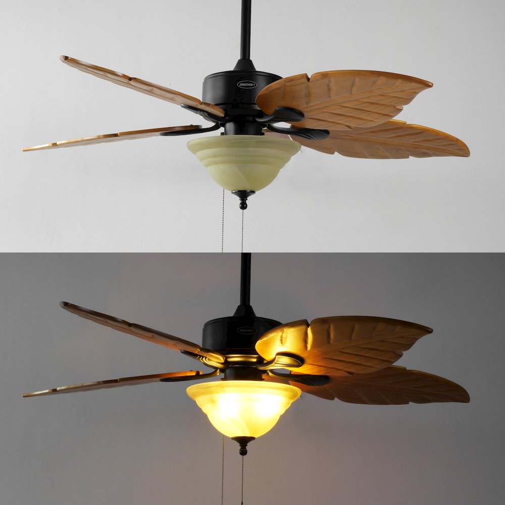 Poinciana 3-Light Coastal Bohemian Iron/Wood Palm Leaf Led Ceiling Fan. Picture 6