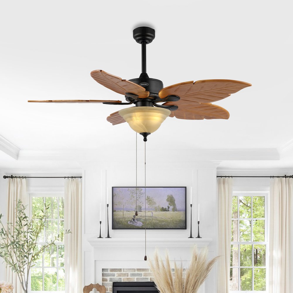Poinciana 3-Light Coastal Bohemian Iron/Wood Palm Leaf Led Ceiling Fan. Picture 1