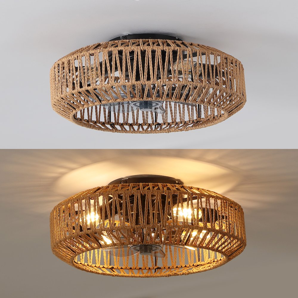 4-Light Modern Bohemian 6-Speed Metal Rattan Lantern LED Ceiling Fan. Picture 2