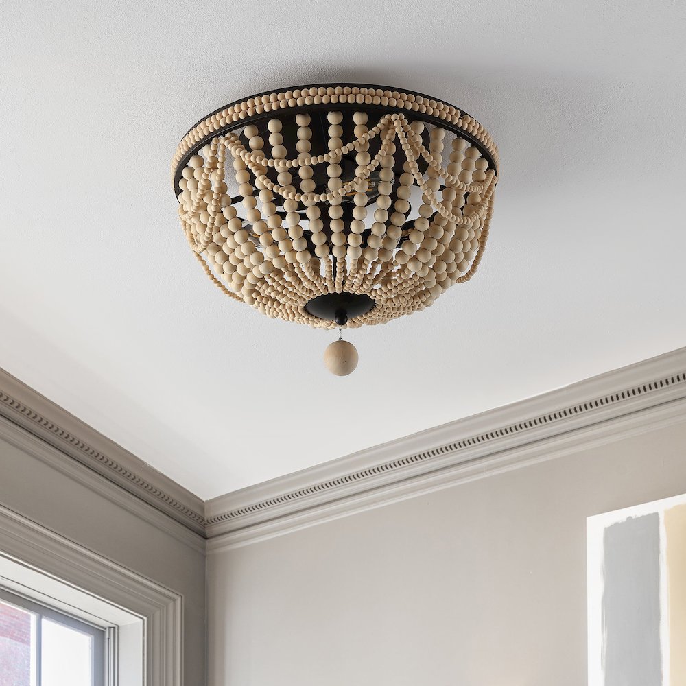 Dune Wood Bead Bohemian Farmhouse Iron Led Semi Flush Mount. Picture 4