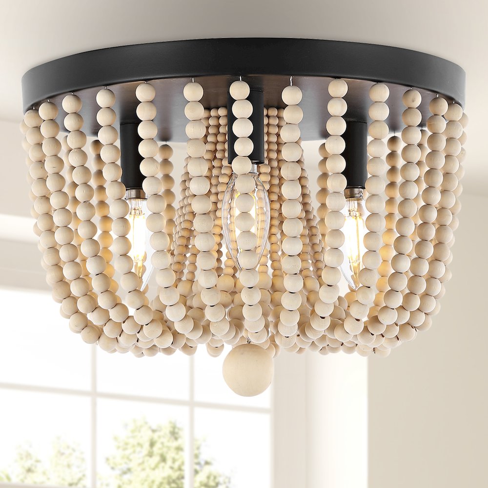 Eivissa Coastal Farmhouse Iron/Wood Bead Led Flush Mount. Picture 9