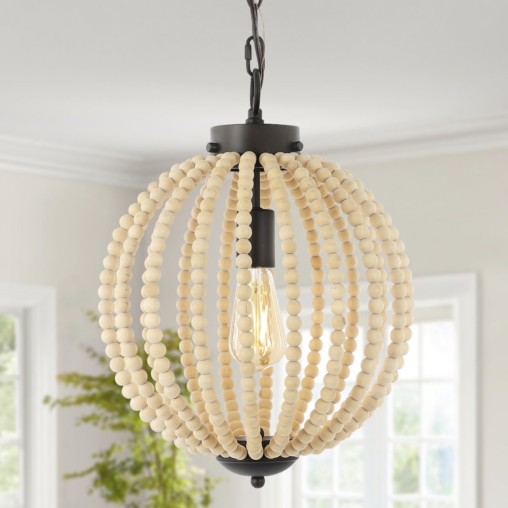 Abril Rustic Bohemian Iron/Wood Bead Led Pendant. Picture 8