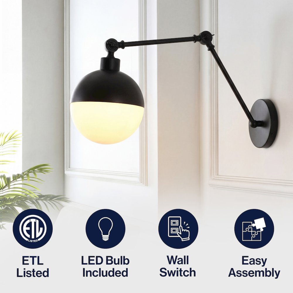 Alba 1-Light Industrial Adjustable Swing Arm Frosted Glass Globe LED Sconce. Picture 10