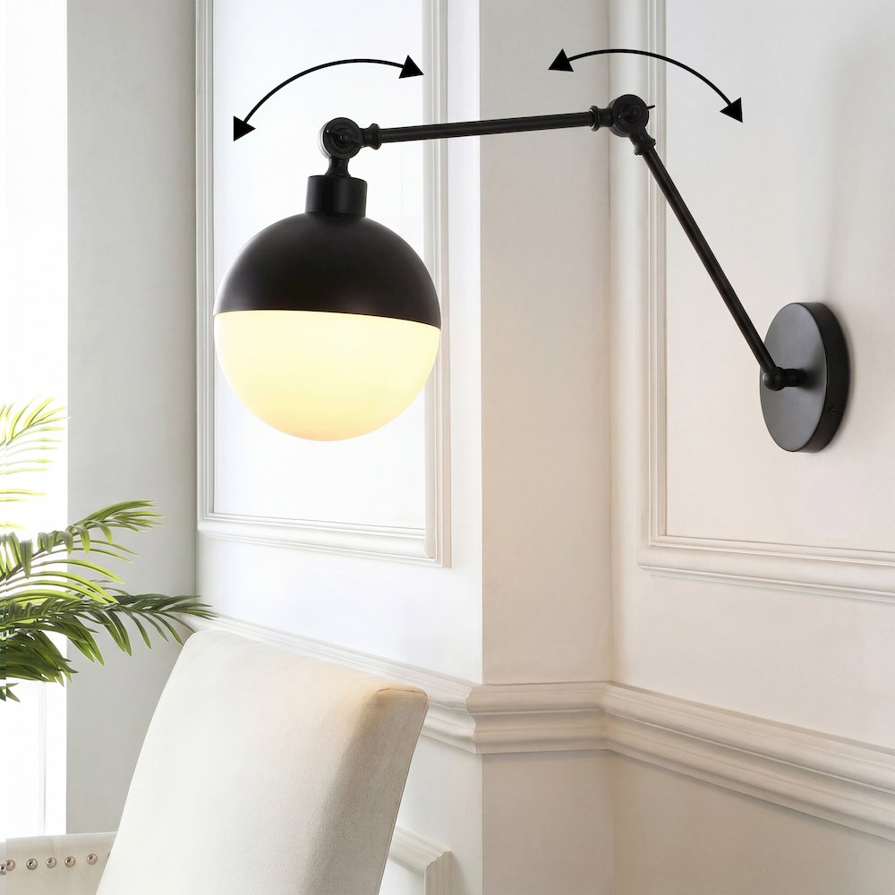 Alba 1-Light Industrial Adjustable Swing Arm Frosted Glass Globe LED Sconce. Picture 2