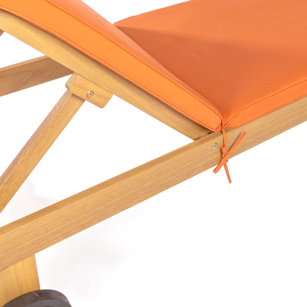 Mallorca Acacia Wood Outdoor Chaise Lounge Chair with Orange Cushion and Wheels. Picture 2