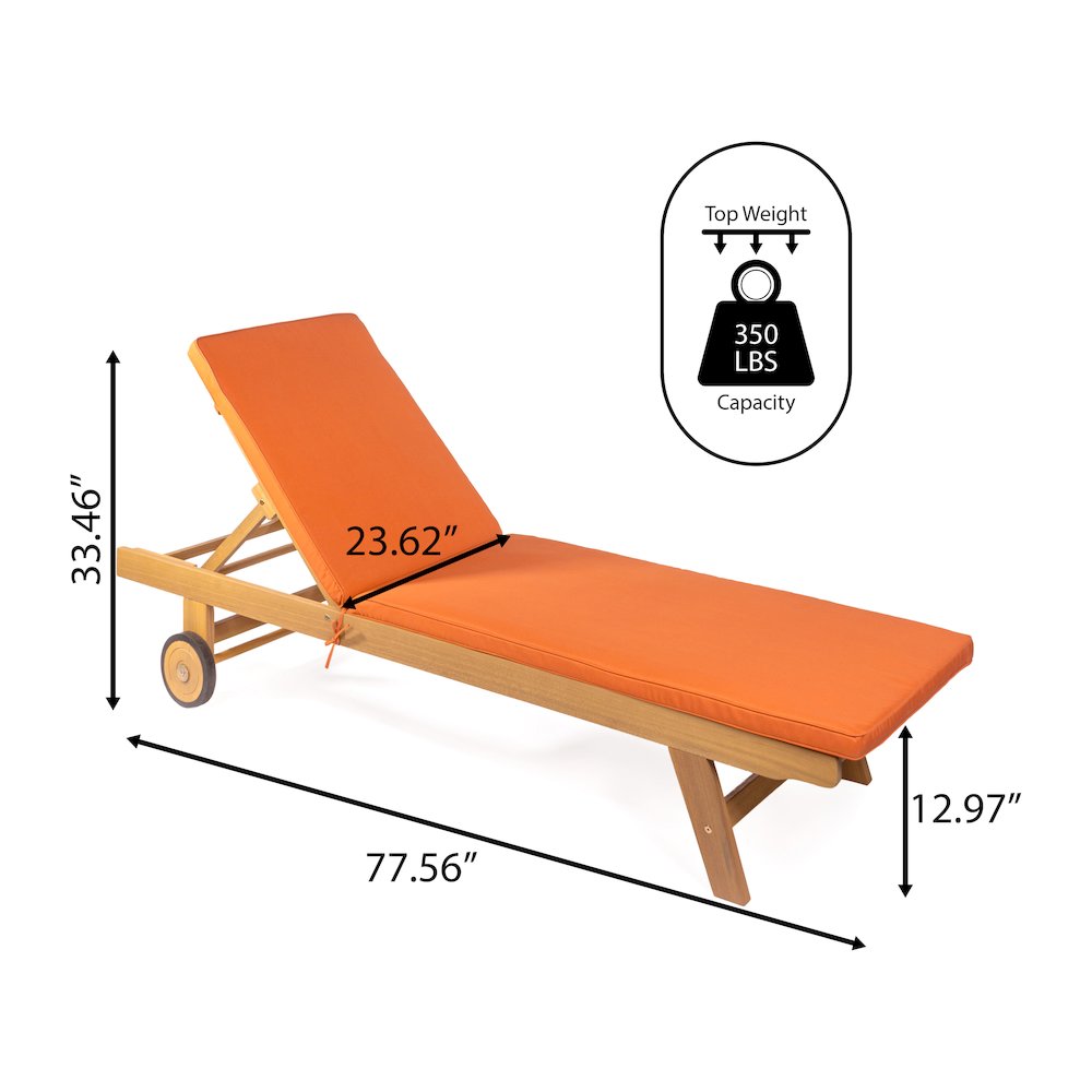 Mallorca Acacia Wood Outdoor Chaise Lounge Chair with Orange Cushion and Wheels. Picture 5
