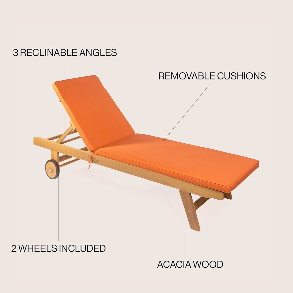 Mallorca Acacia Wood Outdoor Chaise Lounge Chair with Orange Cushion and Wheels. Picture 6