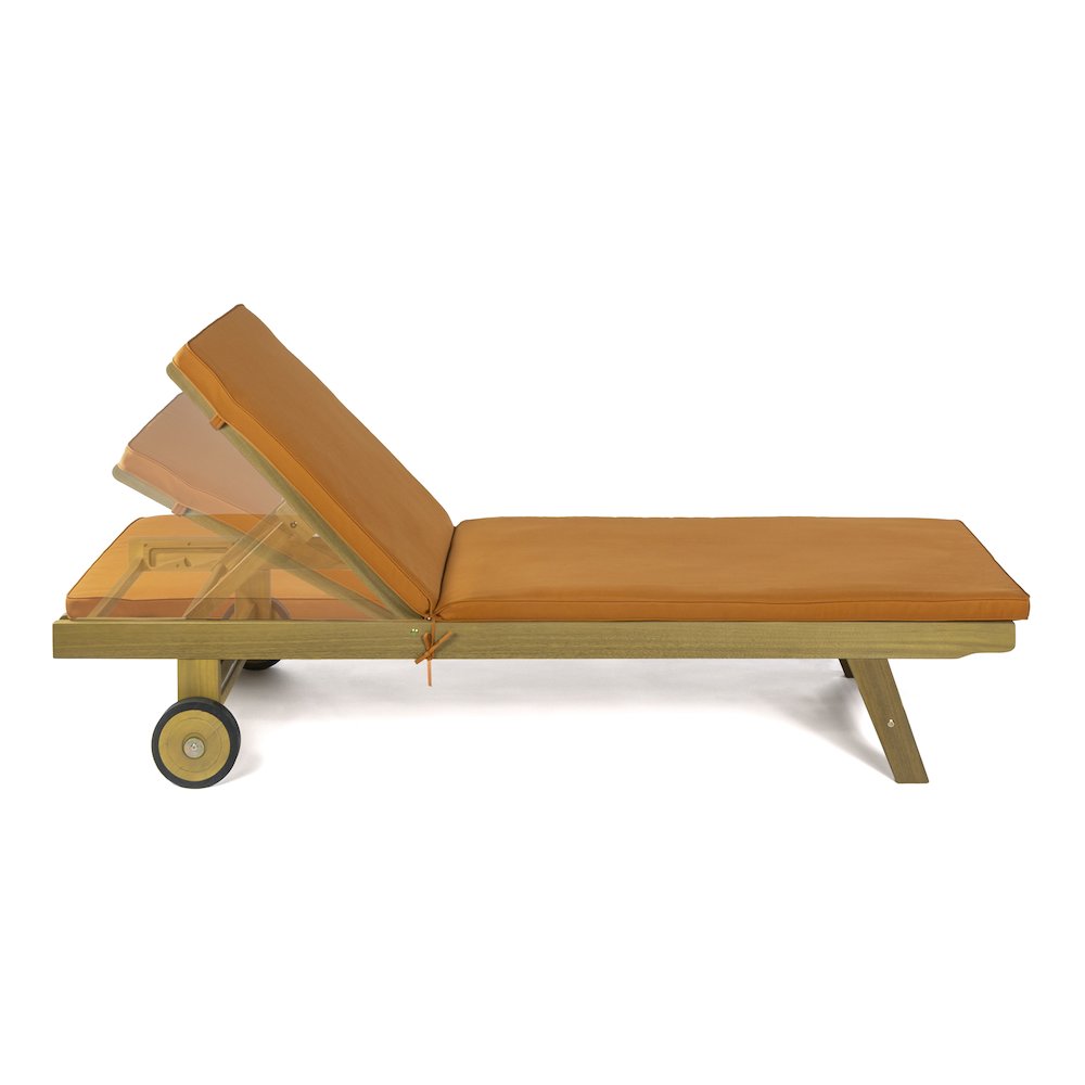 Mallorca Acacia Wood Outdoor Chaise Lounge Chair with Orange Cushion and Wheels. Picture 4