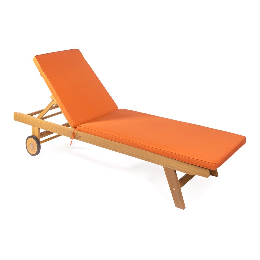 Mallorca Acacia Wood Outdoor Chaise Lounge Chair with Orange Cushion and Wheels. Picture 1