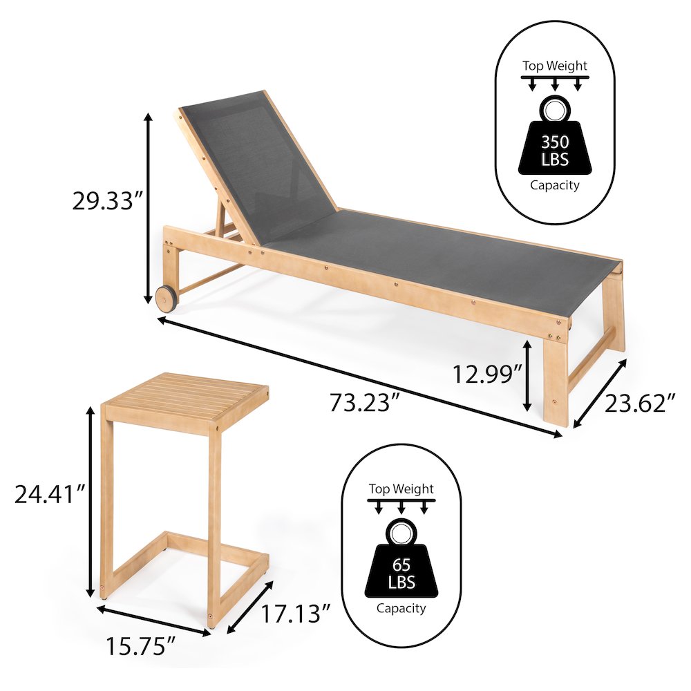 Trabuco Modern 2-Piece Acacia Wood Outdoor Chaise Lounge Chair & Side Table Set. Picture 6