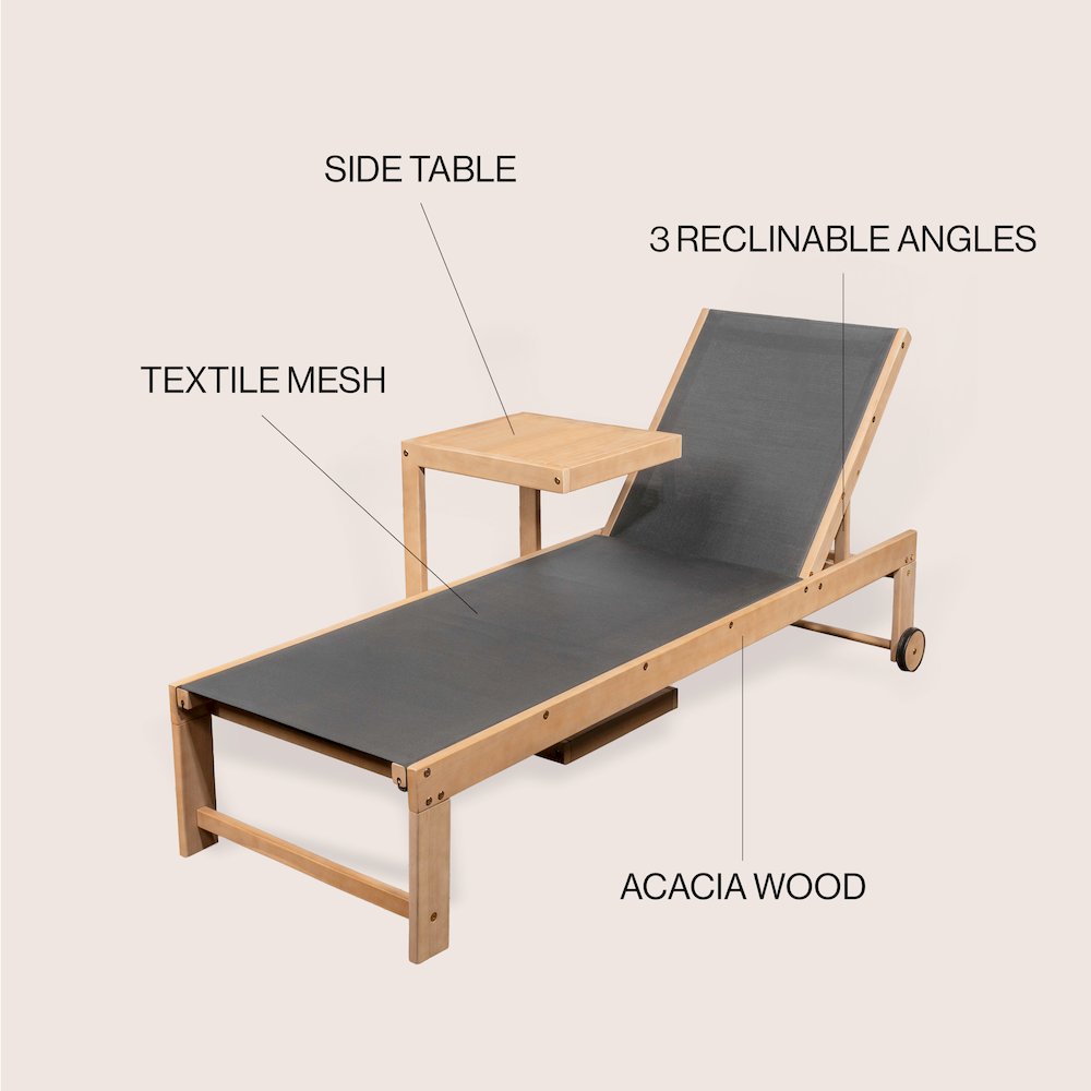 Trabuco Modern 2-Piece Acacia Wood Outdoor Chaise Lounge Chair & Side Table Set. Picture 7