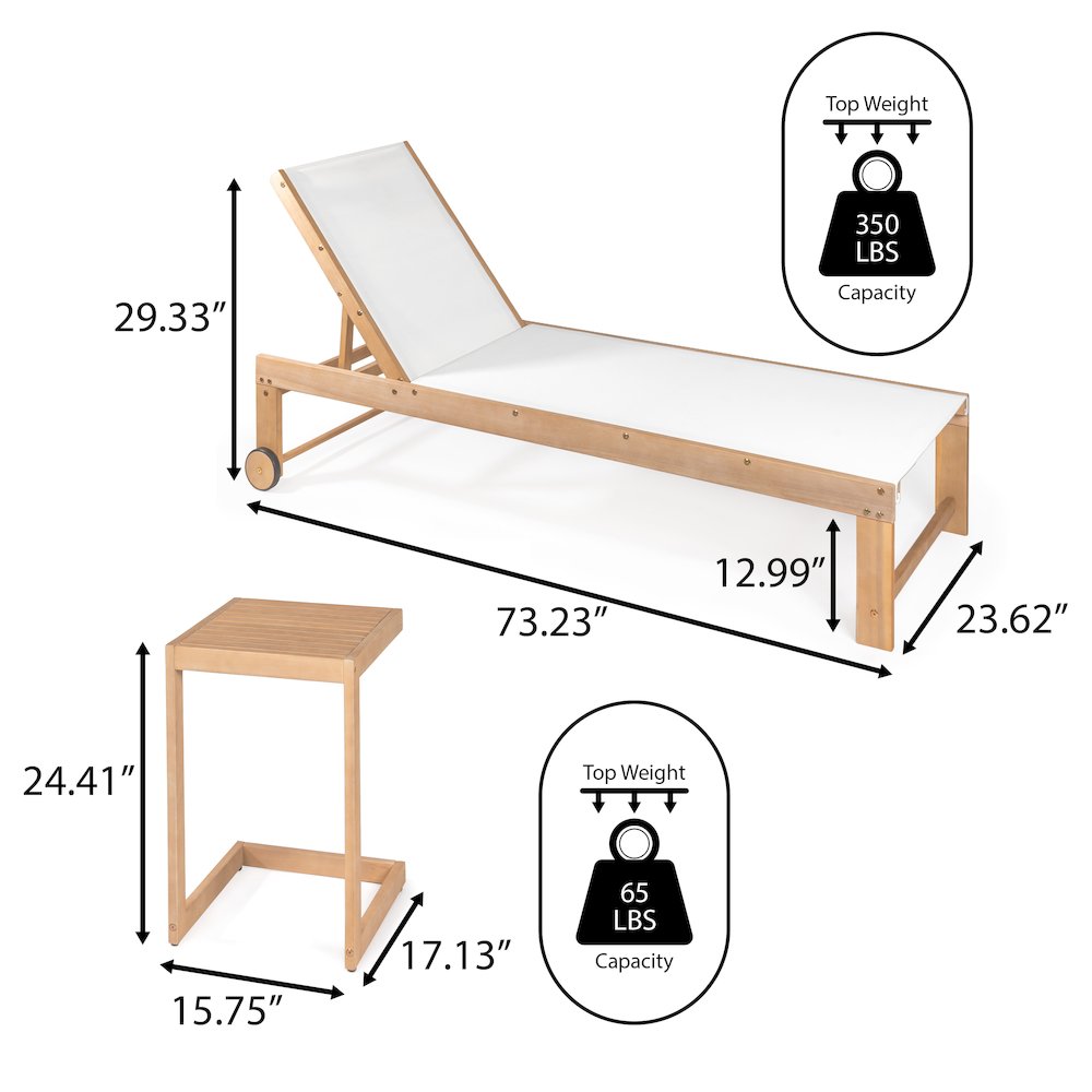 Trabuco Coastal Modern Acacia Wood Mesh 3-Position Outdoor Chaise Lounge Set. Picture 6