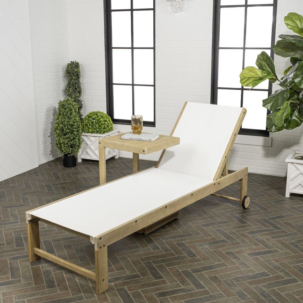 Trabuco Coastal Modern Acacia Wood Mesh 3-Position Outdoor Chaise Lounge Set. Picture 1