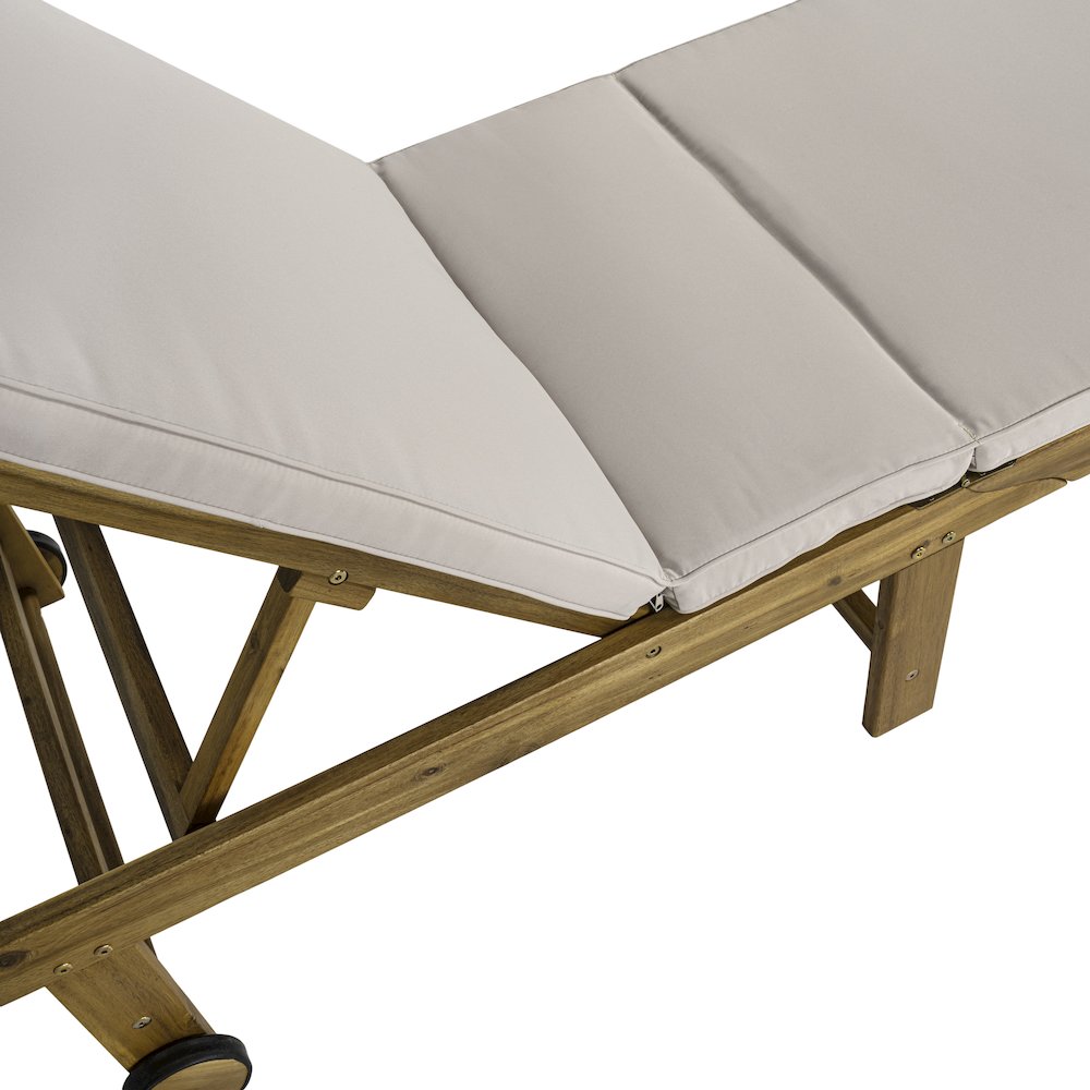 Mallorca Acacia Wood Outdoor Chaise Lounge Chair with Beige Cushion and Wheels. Picture 7