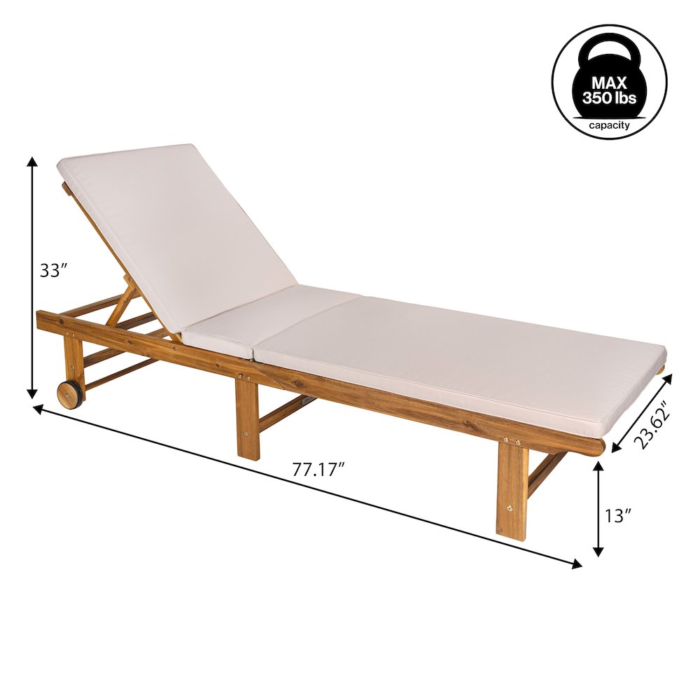Mallorca Acacia Wood Outdoor Chaise Lounge Chair with Beige Cushion and Wheels. Picture 5