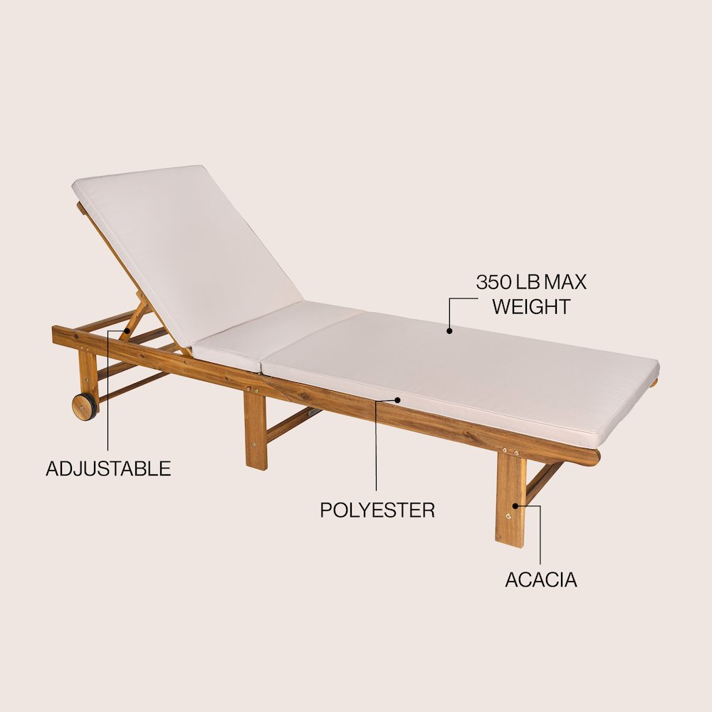 Mallorca Acacia Wood Outdoor Chaise Lounge Chair with Beige Cushion and Wheels. Picture 4