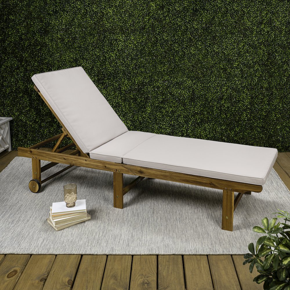Mallorca Acacia Wood Outdoor Chaise Lounge Chair with Beige Cushion and Wheels. Picture 2