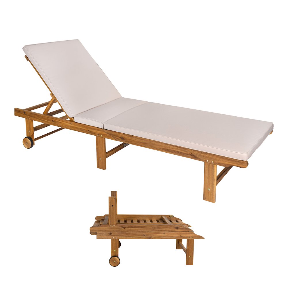 Mallorca Acacia Wood Outdoor Chaise Lounge Chair with Beige Cushion and Wheels. Picture 1