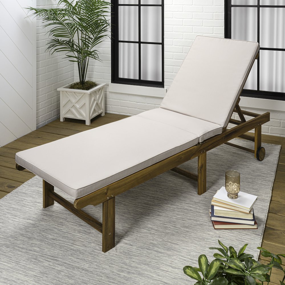 Mallorca Acacia Wood Outdoor Chaise Lounge Chair with Beige Cushion and Wheels. Picture 3