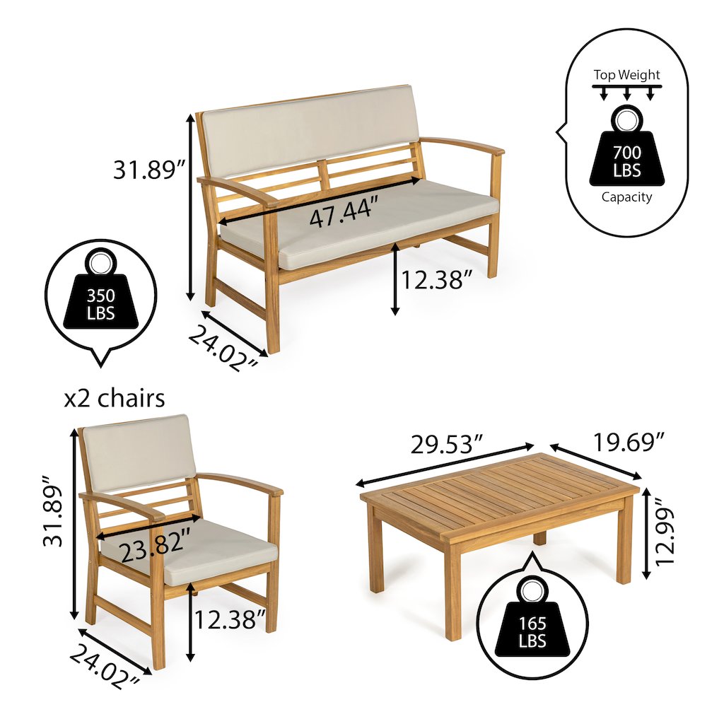 Barclay 4-Piece Modern Coastal Acacia Wood Conversation Outdoor Patio Set. Picture 3