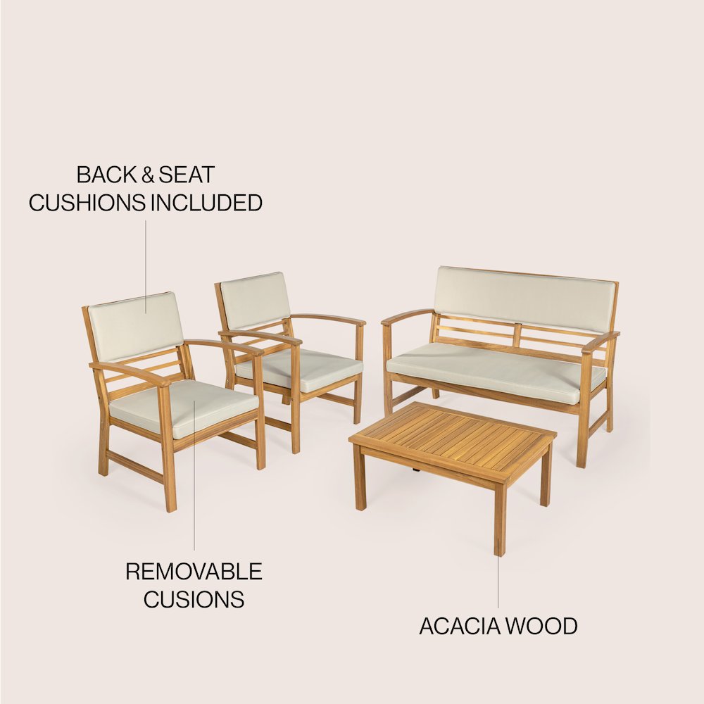Barclay 4-Piece Modern Coastal Acacia Wood Conversation Outdoor Patio Set. Picture 4