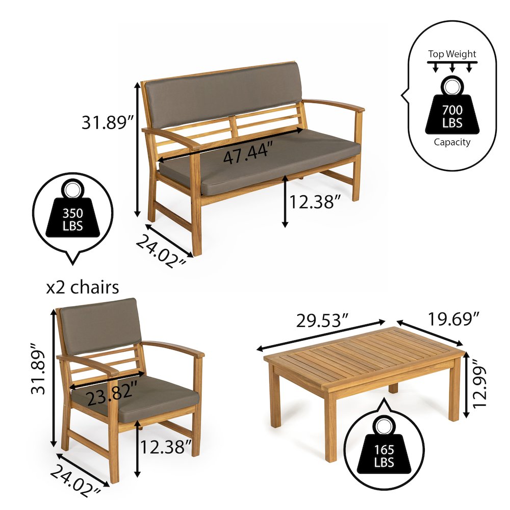 Barclay Modern 4-Piece Acacia Wood Outdoor Patio Conversation Set. Picture 4