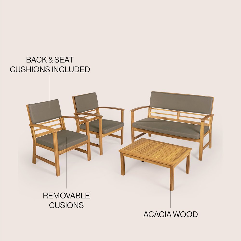 Barclay Modern 4-Piece Acacia Wood Outdoor Patio Conversation Set. Picture 5