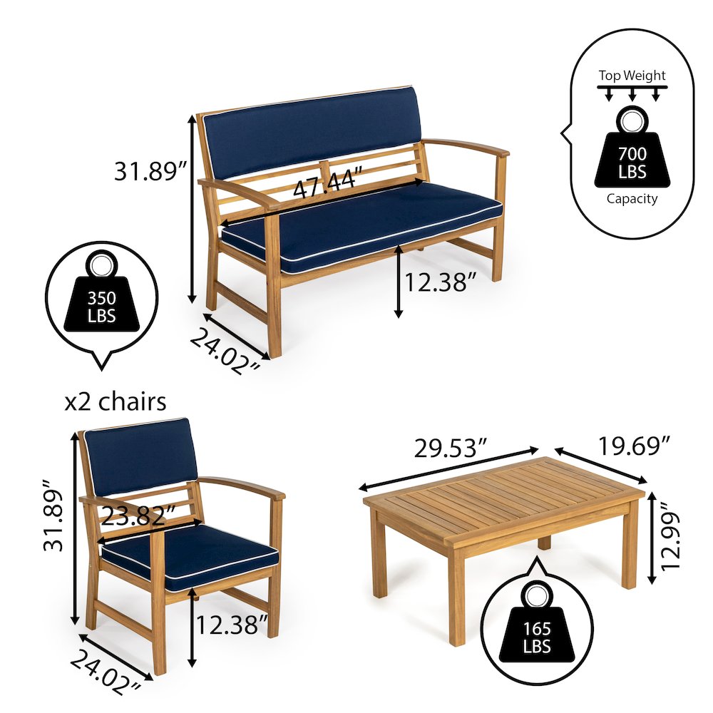 Barclay 4-Piece Modern Coastal Acacia Wood Conversation Outdoor Patio Set. Picture 4