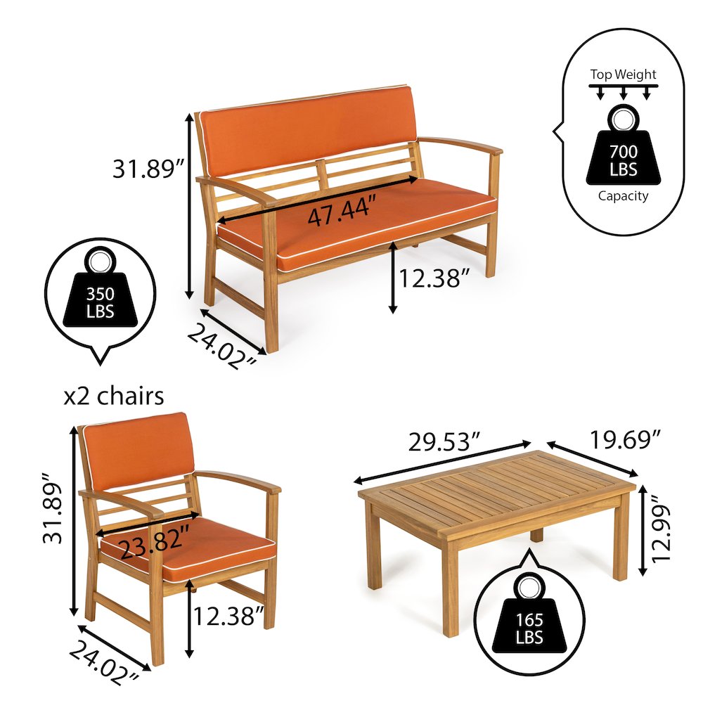 Barclay Modern 4-Piece Acacia Wood Outdoor Patio Conversation Set. Picture 4