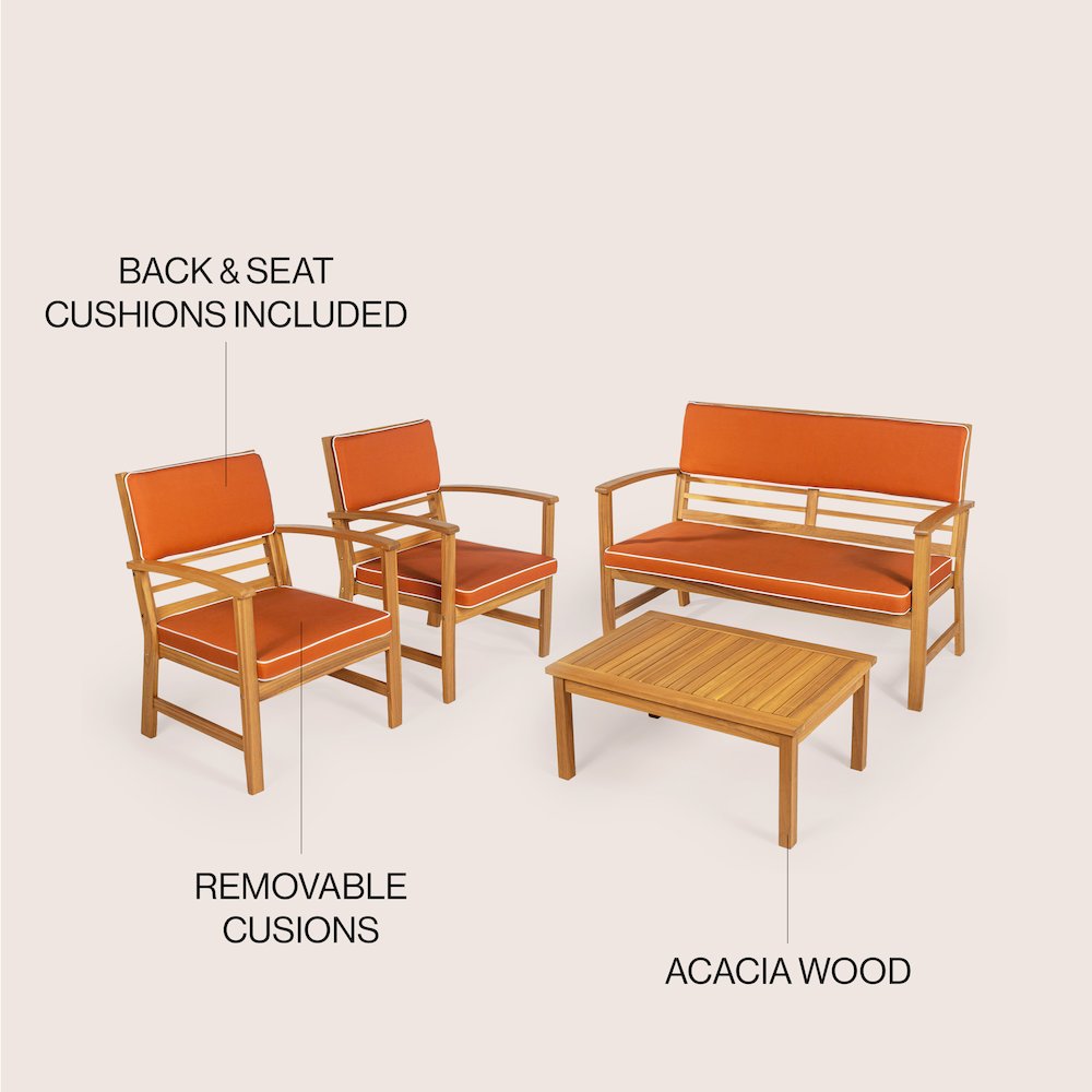 Barclay Modern 4-Piece Acacia Wood Outdoor Patio Conversation Set. Picture 5