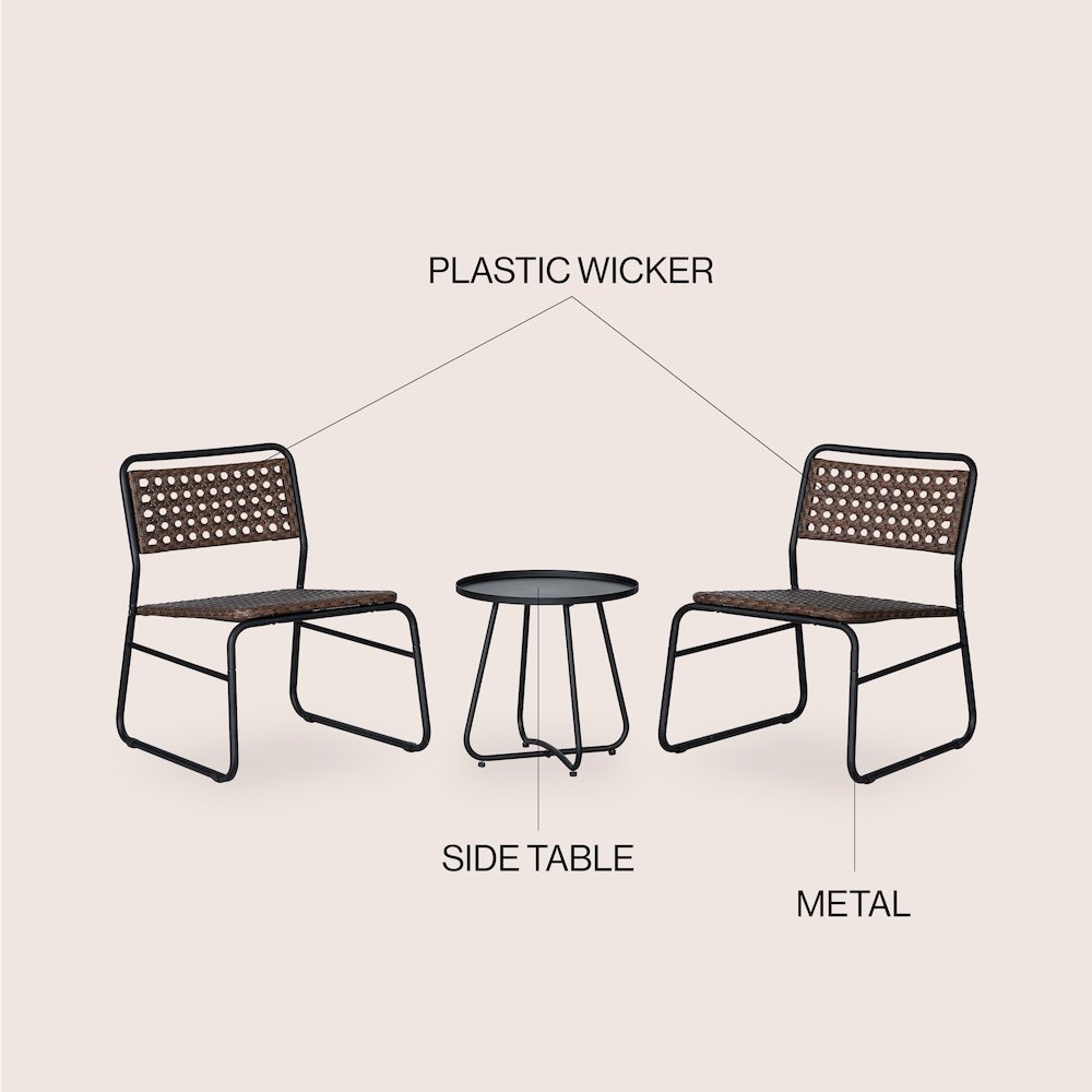 Freja 3-Piece Mid-Century Modern Faux Rattan Conversation Outdoor Patio Set. Picture 4