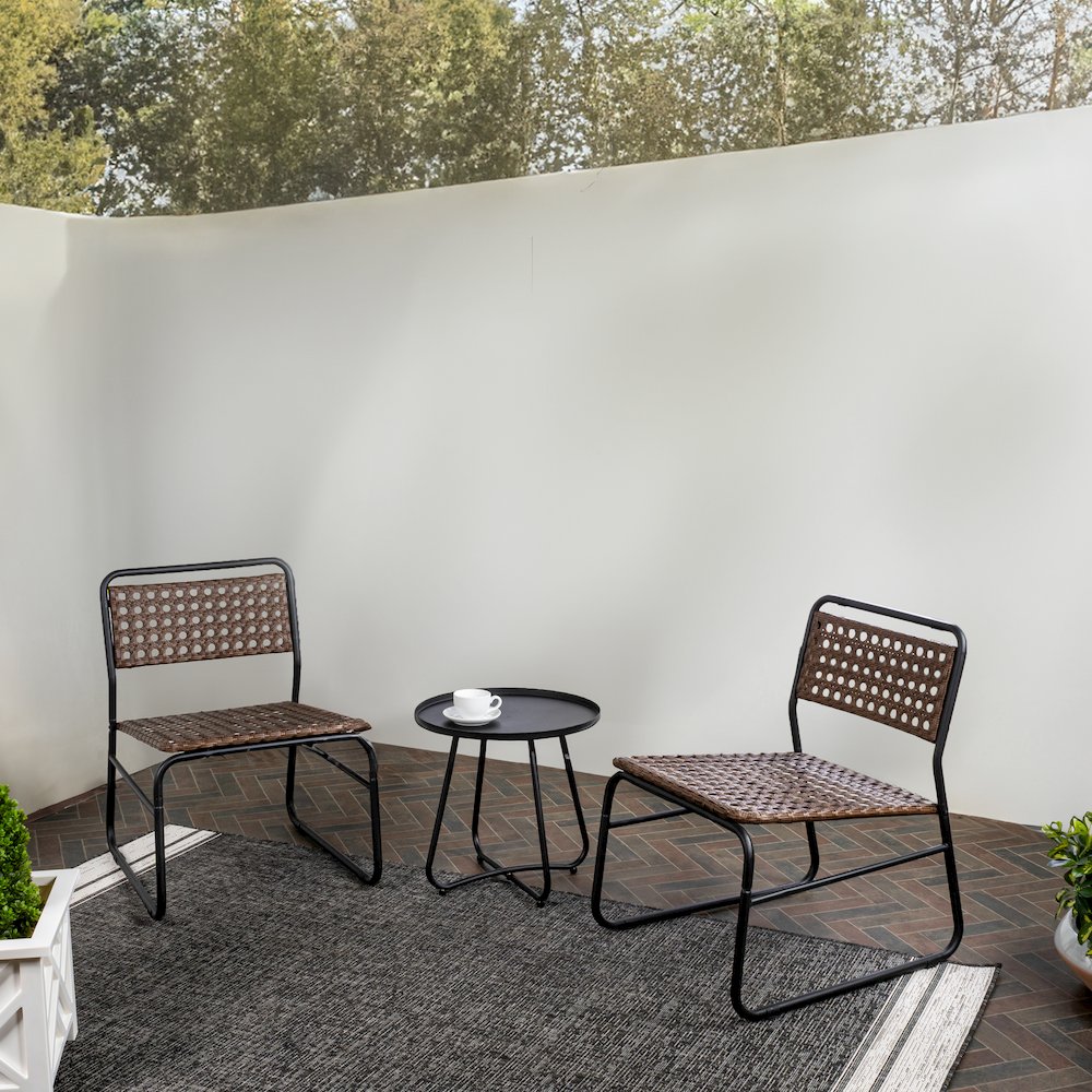 Freja 3-Piece Mid-Century Modern Faux Rattan Conversation Outdoor Patio Set. Picture 1