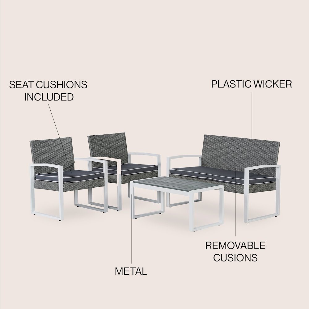 Elina 4-Piece Gray PE Rattan Wicker Outdoor Patio Conversation Set with Cushions. Picture 4