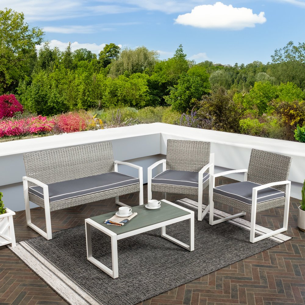 Elina 4-Piece Gray PE Rattan Wicker Outdoor Patio Conversation Set with Cushions. Picture 1