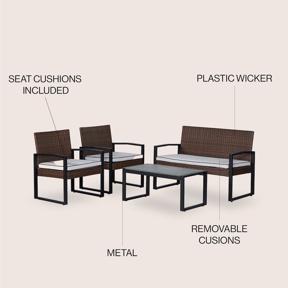 Elina 4-Piece Brown PE Rattan Wicker Outdoor Patio Conversation Set with. Picture 4