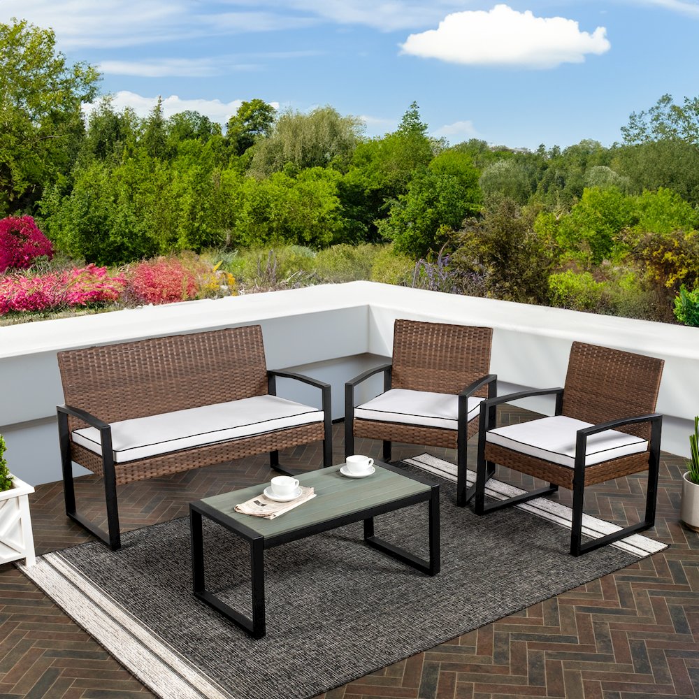 Elina 4-Piece Brown PE Rattan Wicker Outdoor Patio Conversation Set with. Picture 1