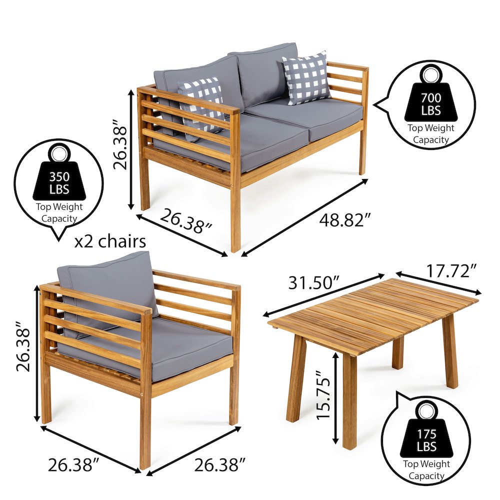 Thom 4-Piece Teak Brown Acacia Wood Outdoor Patio Conversation Set with Loveseat. Picture 3