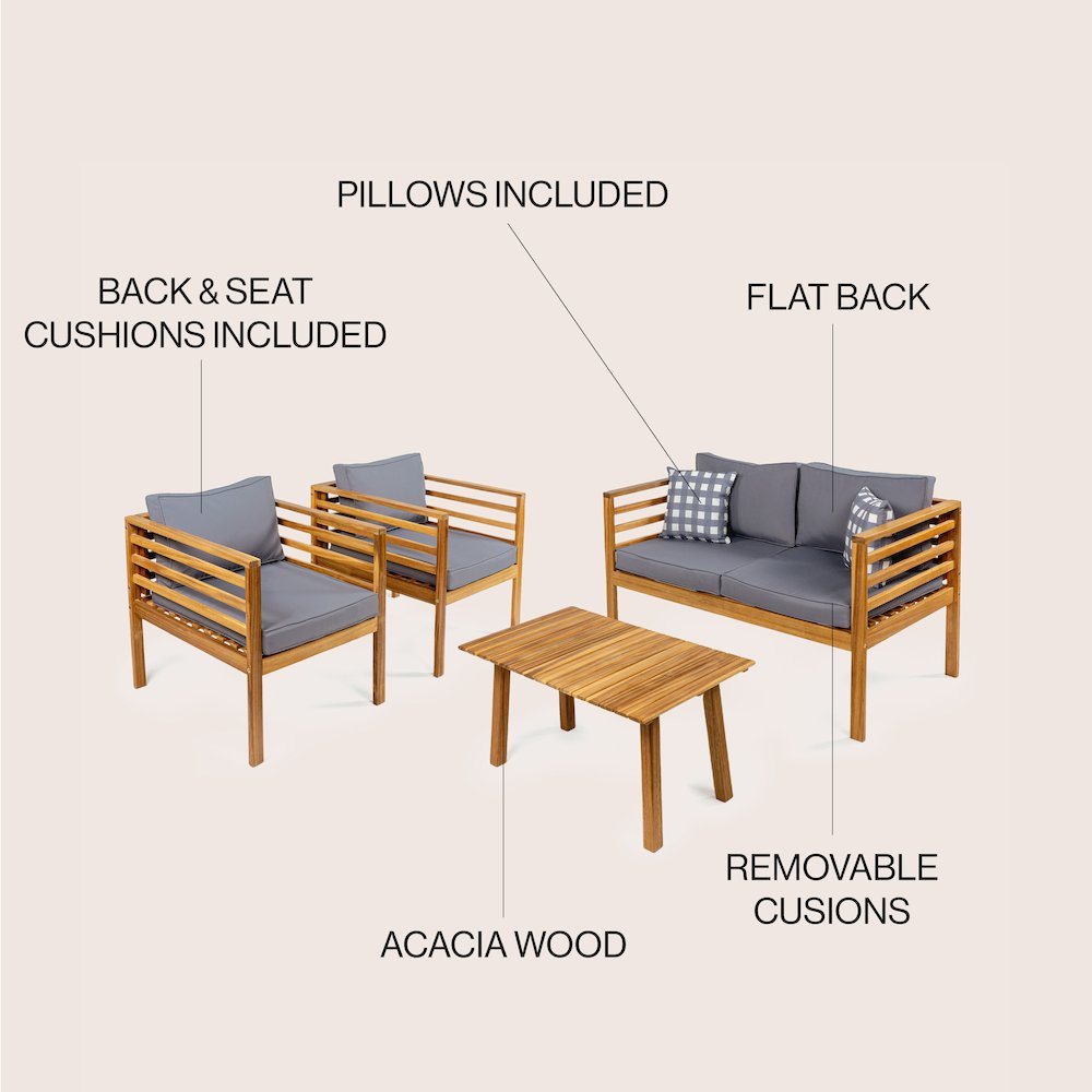Thom 4-Piece Teak Brown Acacia Wood Outdoor Patio Conversation Set with Loveseat. Picture 4