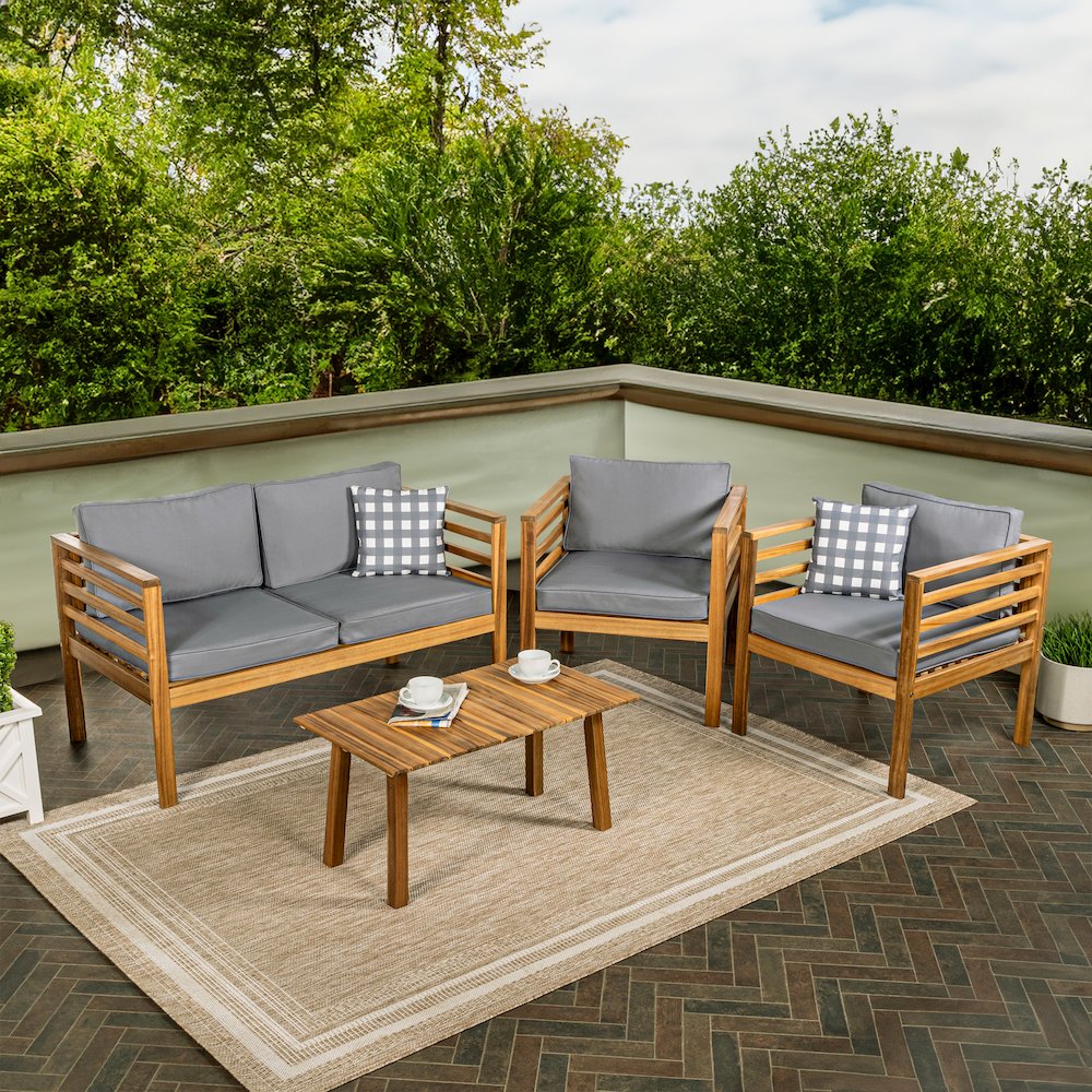 Thom 4-Piece Teak Brown Acacia Wood Outdoor Patio Conversation Set with Loveseat. Picture 1