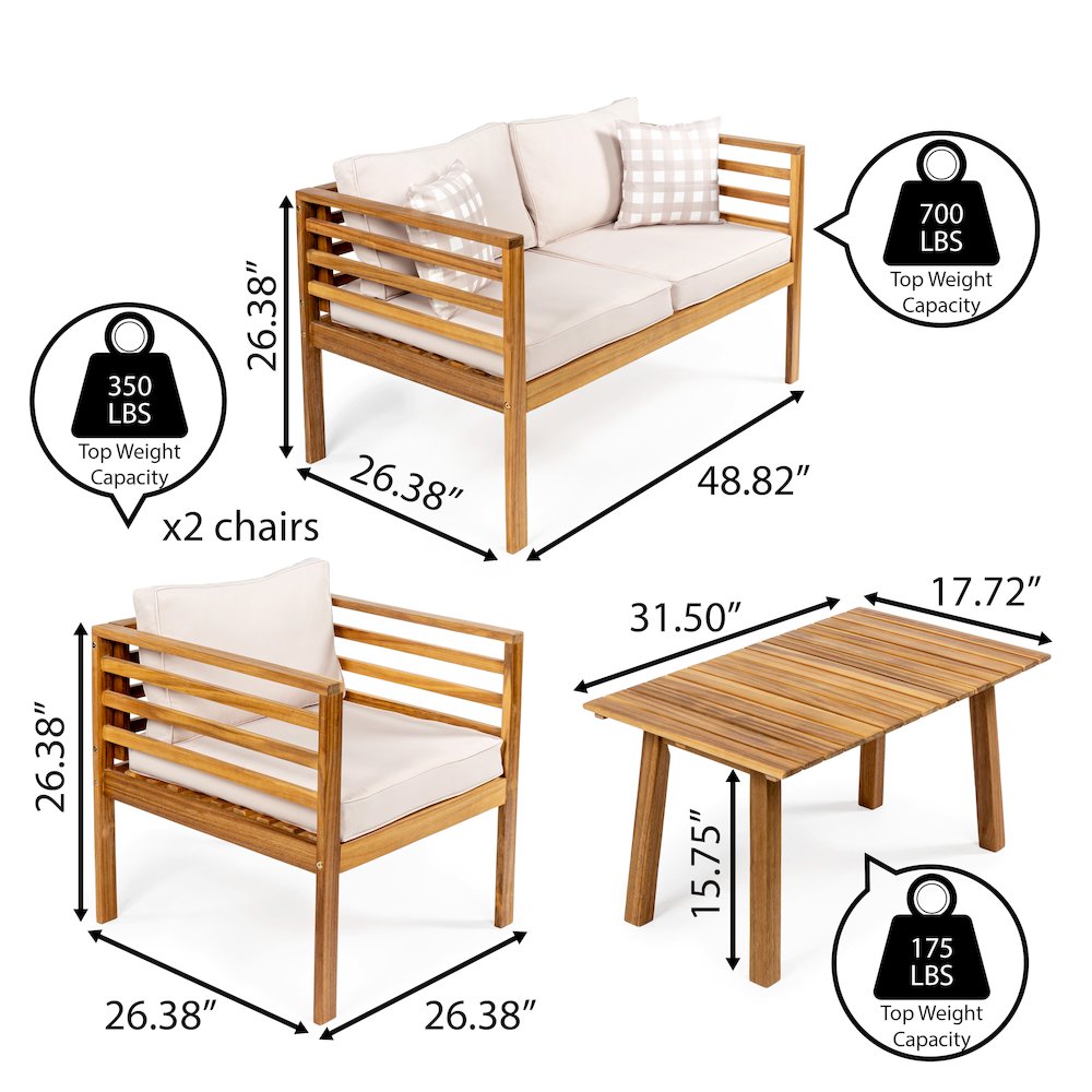 Thom 4-Piece Mid-Century Modern Acacia Wood Outdoor Patio Set. Picture 3