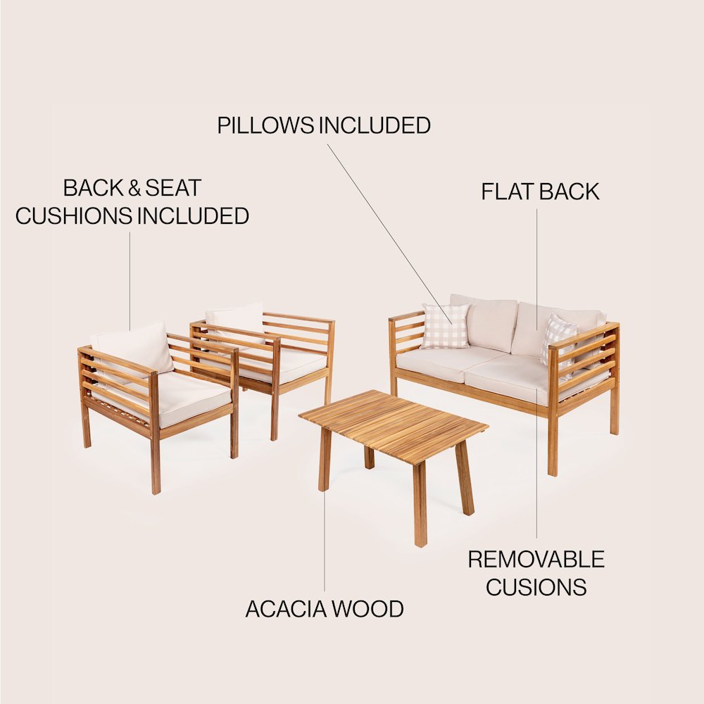 Thom 4-Piece Mid-Century Modern Acacia Wood Outdoor Patio Set. Picture 4