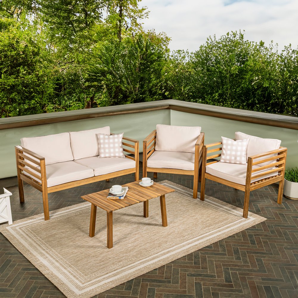 Thom 4-Piece Mid-Century Modern Acacia Wood Outdoor Patio Set. Picture 1