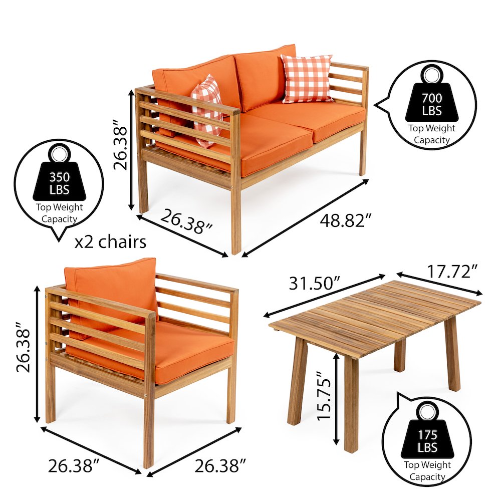 Thom 4-Piece Teak Brown Acacia Wood Outdoor Patio Conversation Set with Loveseat. Picture 3