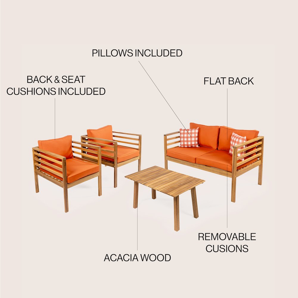 Thom 4-Piece Teak Brown Acacia Wood Outdoor Patio Conversation Set with Loveseat. Picture 4