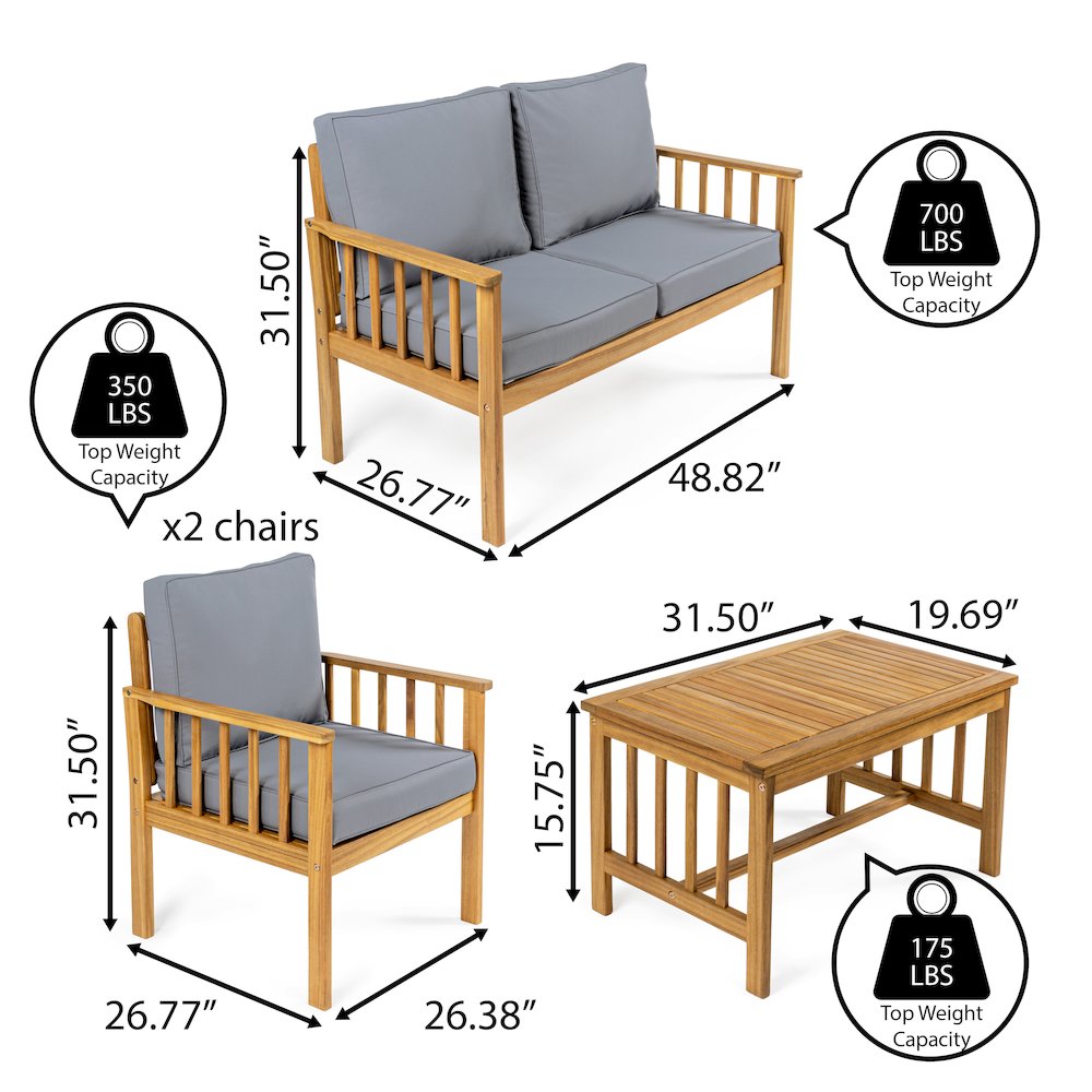 Everly 4-Piece Modern Cottage Acacia Wood Outdoor Patio Set. Picture 3