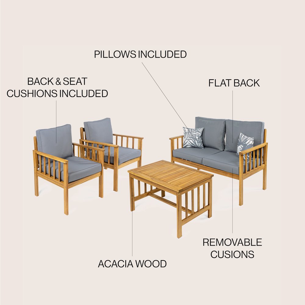 Everly 4-Piece Modern Cottage Acacia Wood Outdoor Patio Set. Picture 4