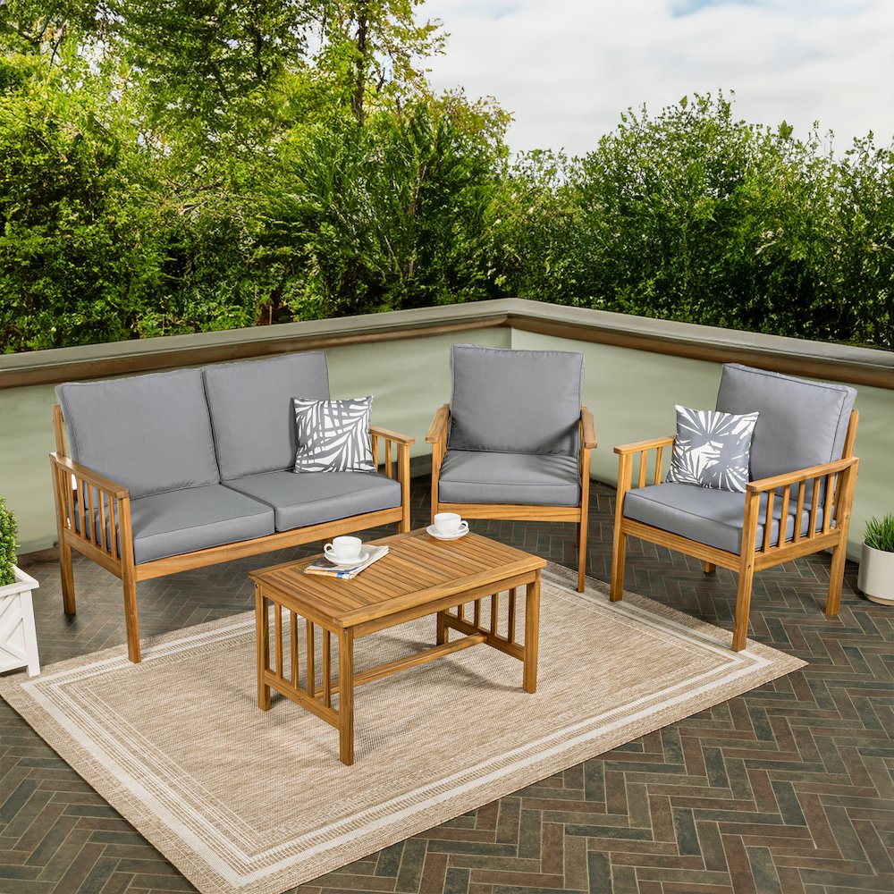 Everly 4-Piece Modern Cottage Acacia Wood Outdoor Patio Set. Picture 1