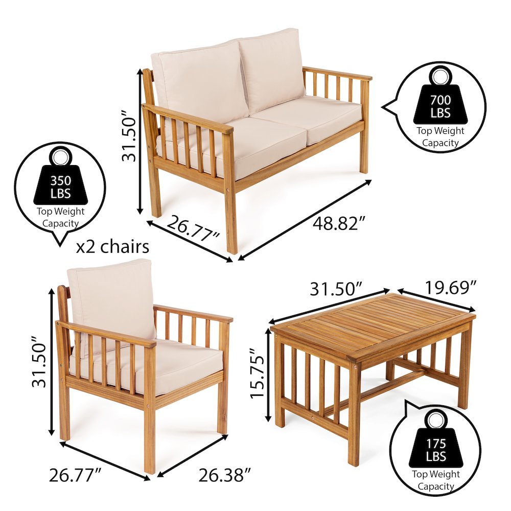 Everly 4-Piece Modern Cottage Acacia Wood Outdoor Patio Set. Picture 3