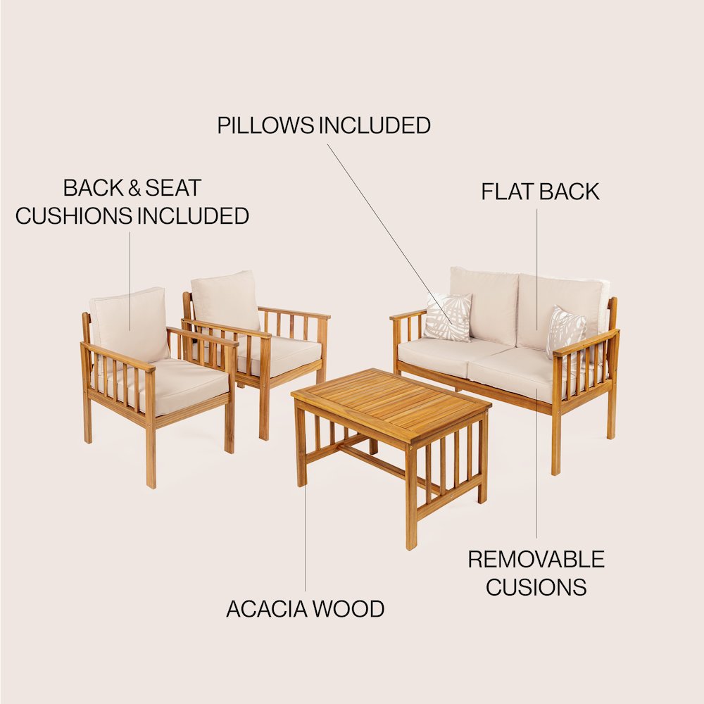 Everly 4-Piece Modern Cottage Acacia Wood Outdoor Patio Set. Picture 4